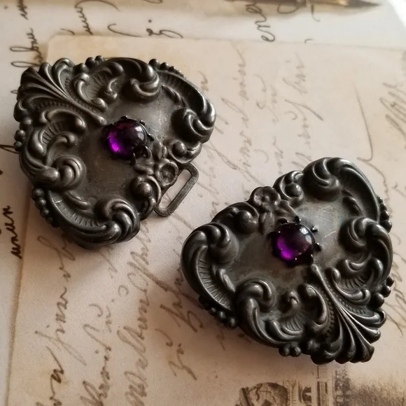 Relisted -Antique Victorian sash belt buckle purple glass cabochons black metal - Picture 11 of 13